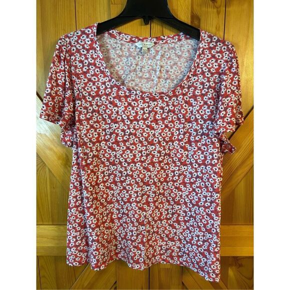 Lucky Brand Flutter Sleeve Top Size XXL Red Blue Floral Round Neck Lightweight ( - Picture 1 of 5